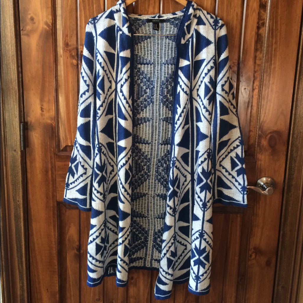 Boho Chic Tribal Print Hooded Sweater Duster Length Blue White